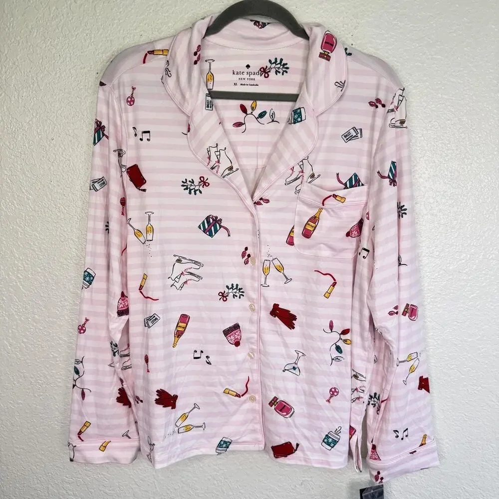 Kate Spade Pajama Set Womens XL Holiday Cocktail Print Winter Christmas Pjs NEW